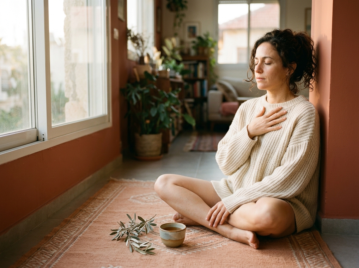 אישה יושבת ברגע של שקט לאור בוקר, יד על הלב